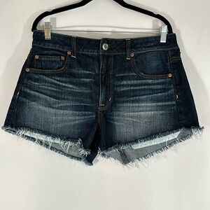 American Eagle Blue Frayed Hem High Rise Festival Denim Jean Shorts